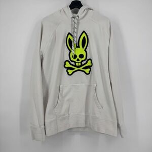 Psycho Bunny Mens Hoodie XXL White Neon Bunny Skull Logo Hooded Sweatshirt
